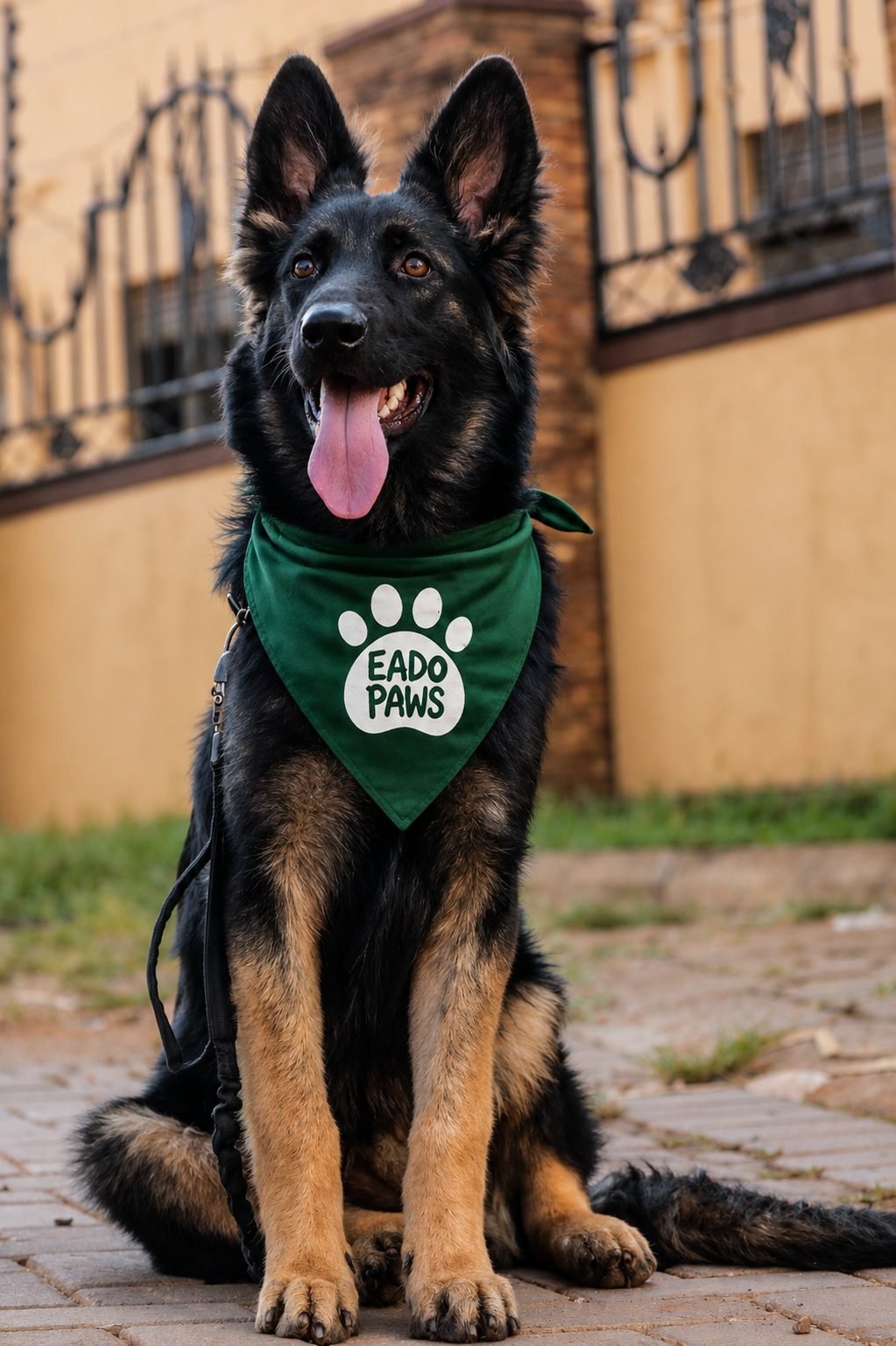 A German Shepherd wearing an EADO Paws bandana, sitting happily on a walk